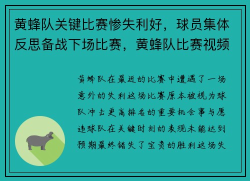 黄蜂队关键比赛惨失利好，球员集体反思备战下场比赛，黄蜂队比赛视频聚胜顽球汇