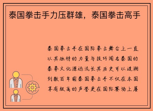 泰国拳击手力压群雄，泰国拳击高手