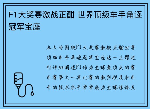 F1大奖赛激战正酣 世界顶级车手角逐冠军宝座